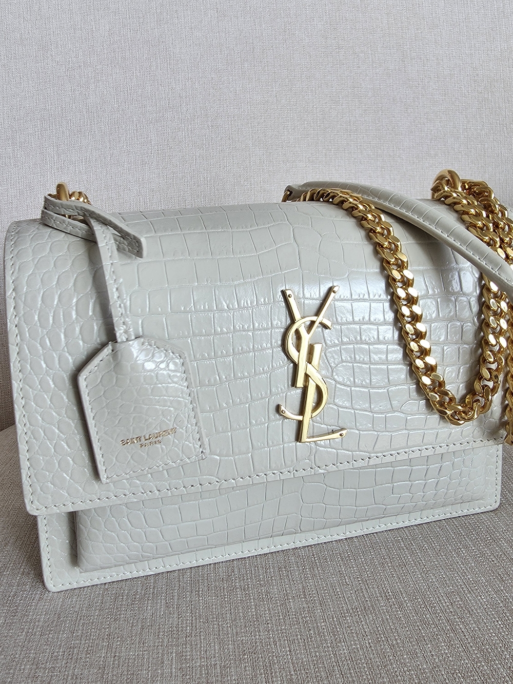 Saint Laurent SUNSET Cream Croc-Embossed Leather Shoulder Bag with Gold Chain